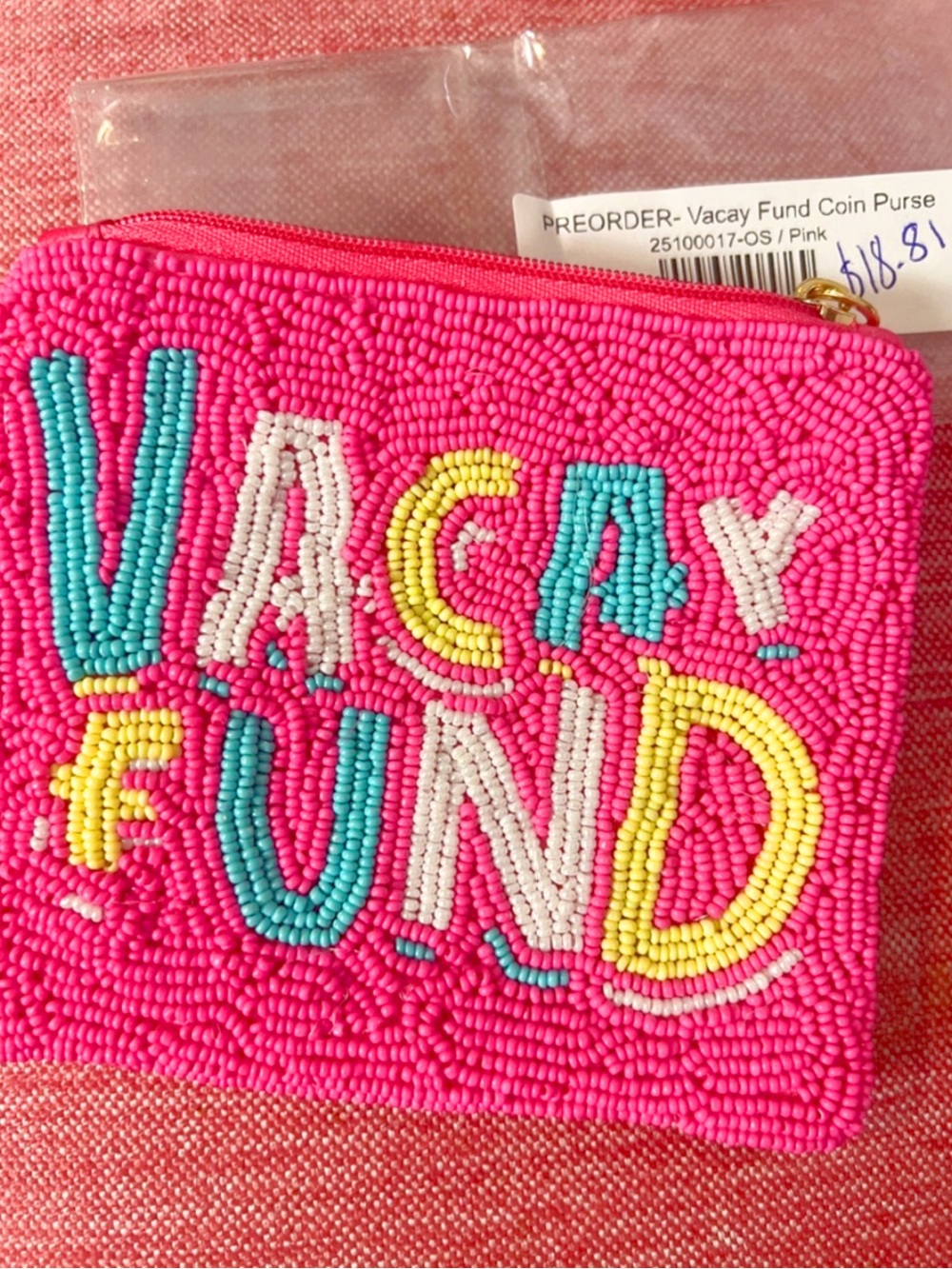 NWT! (from my boutique)Hot Pink Beaded Key & Card Pouch with Chain Keyring